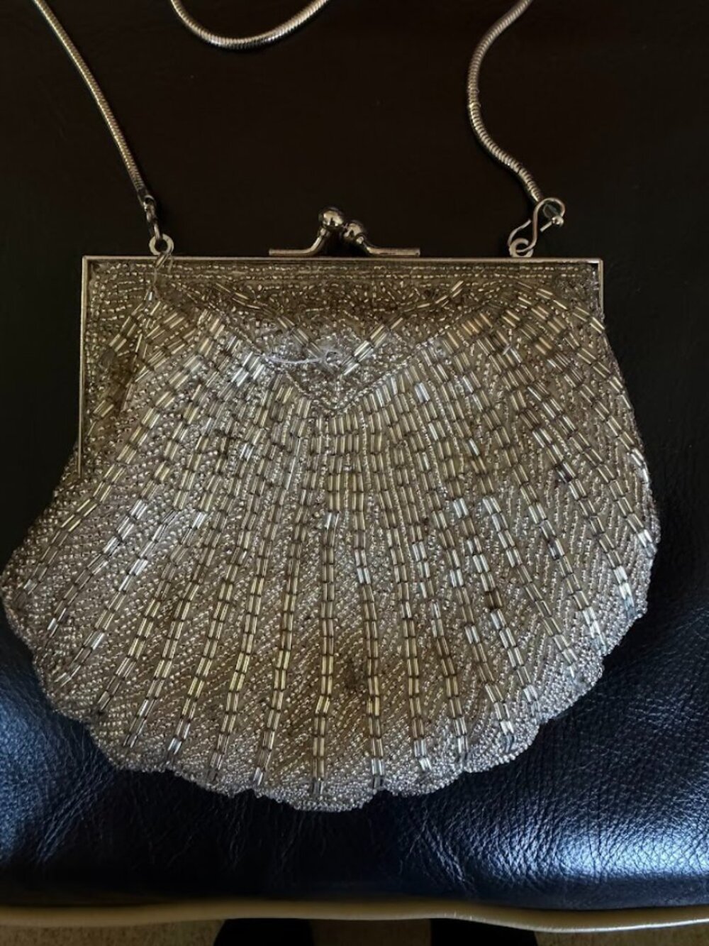 Silver Beaded Evening Bag with silver chain stap